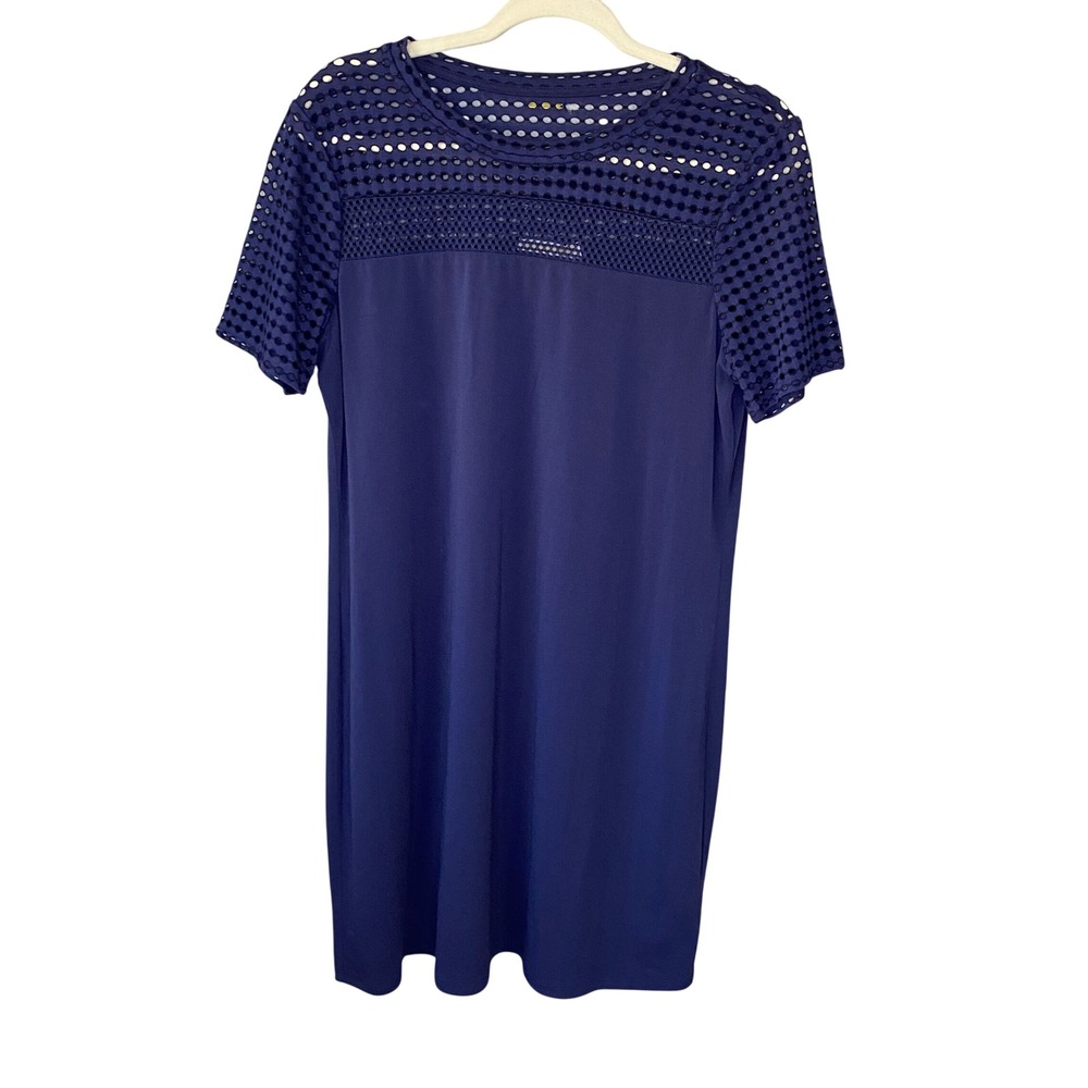 Michael Michael Kors Navy Blue Eyelet Mesh Yoke Short Sleeve Shift Dress Large